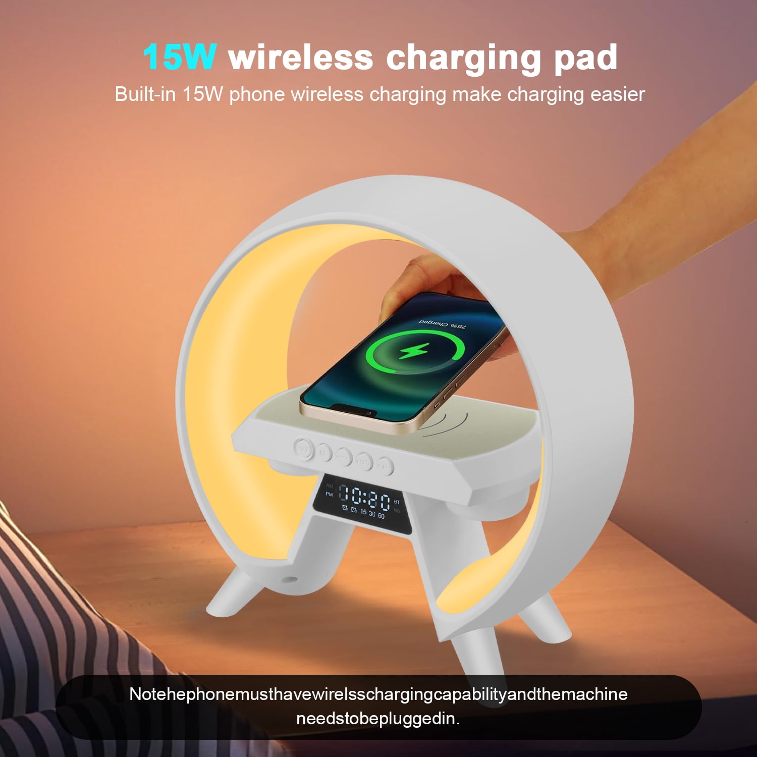 Alarm Clock, 4 in 1 Digital Alarm Clock with Wireless Charger&RGB Dimmable Night Light&Bluetooth Speaker&FM Radio, Electric Clock Digital Clock Small Clocks Desk Clock W/ LED Display for Bedroom