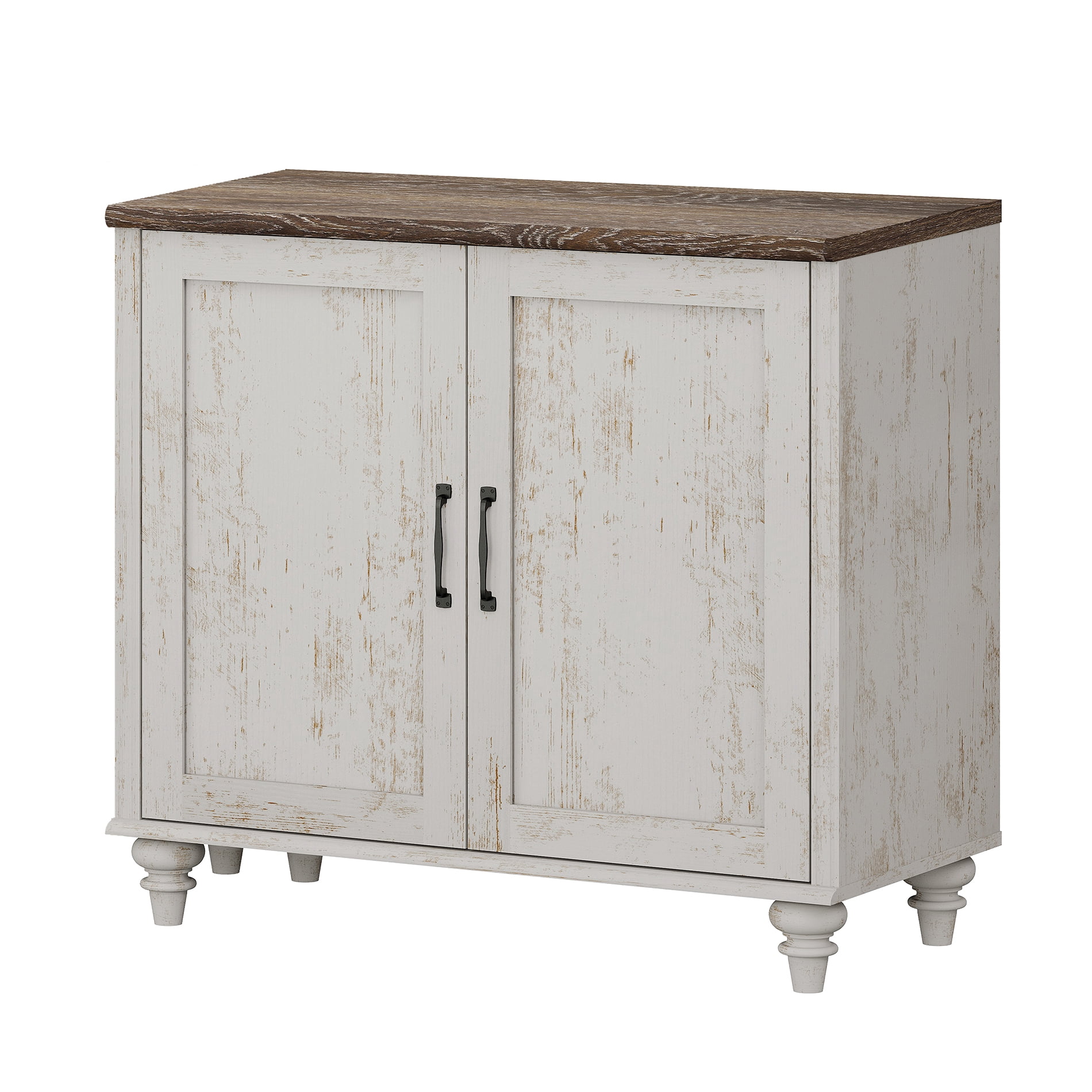 Modern Farmhouse Credenza, 34" Rustic White Storage Sideboard with Wood Doors