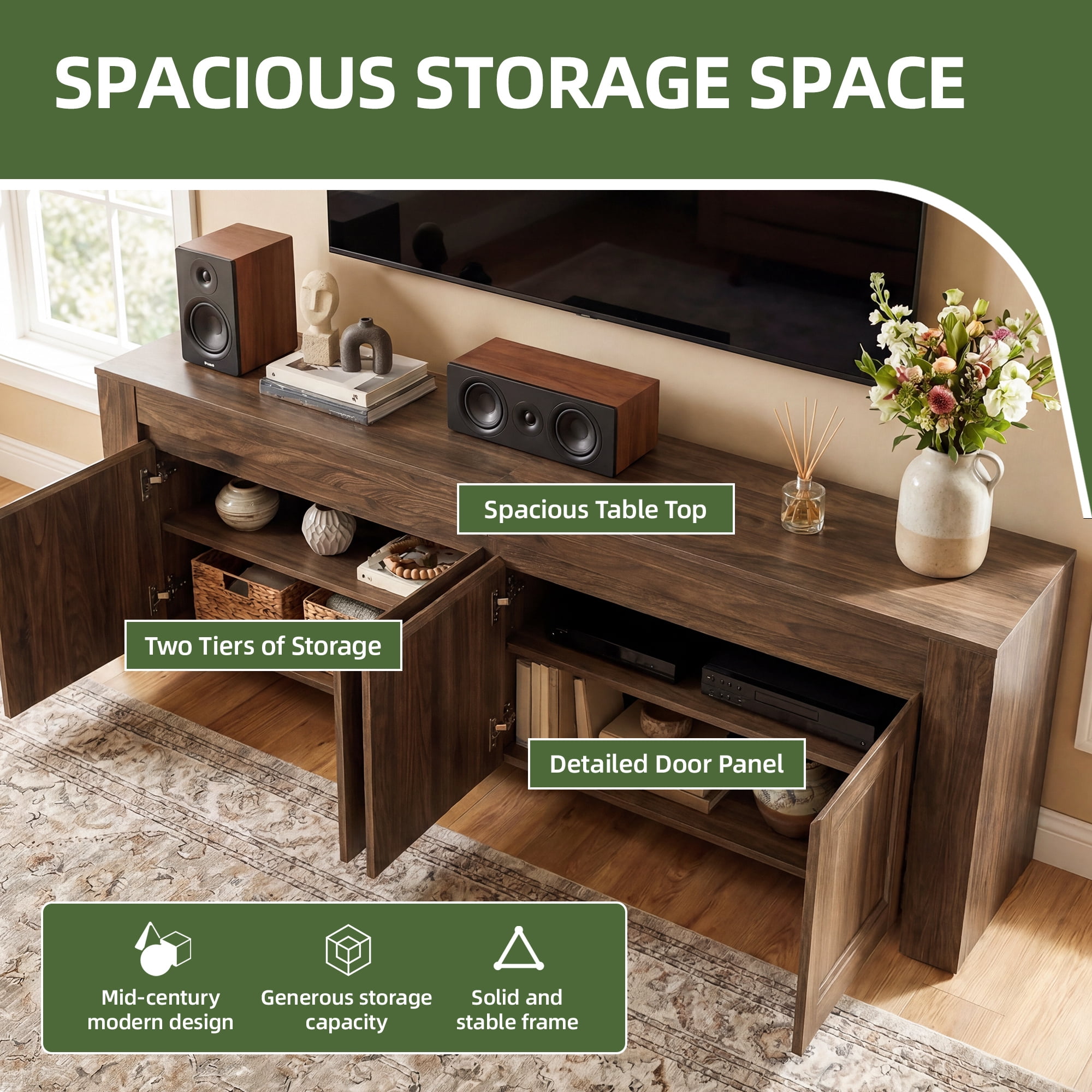 Uforic 70 Inch Modern Farmhouse TV Stand for Up to 80 Inch TVs with 4 Storage Doors & Inner Shelves for Living Room, Dark Walnut