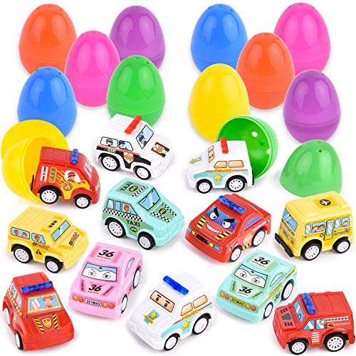 ROOYA BABY 12 juguetes rellenos de huevos de Pascua con mini coches extraíbles Huevos sorpresa de plástico con fricción en el interior del coche para niños pequeños, niñas, cesta de Pascua, relleno, b ROOYA BABY 687345995682