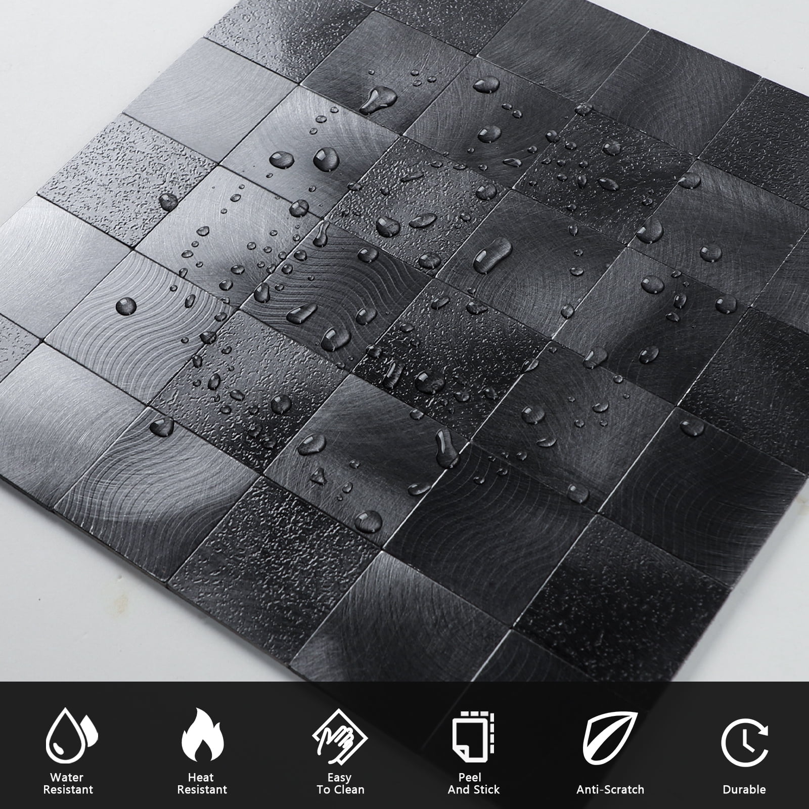 6-Sheet Black Peel and Stick Backsplash Square Tile, 12" x 12" Self Adhesive Embossed Surface Texture Stick on Wall Tiles for Kitchen Bathroom