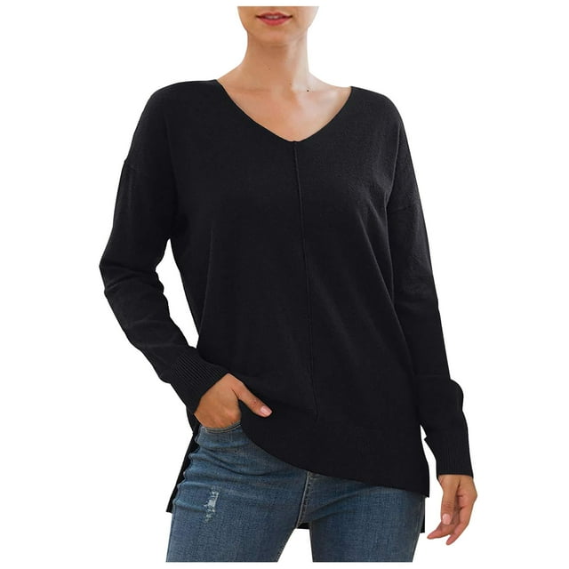 EGNMCR Womens Sweaters Long-Sleeved Tops Solid Color V-neck Pullover Fall Sweaters, Gifts for Women