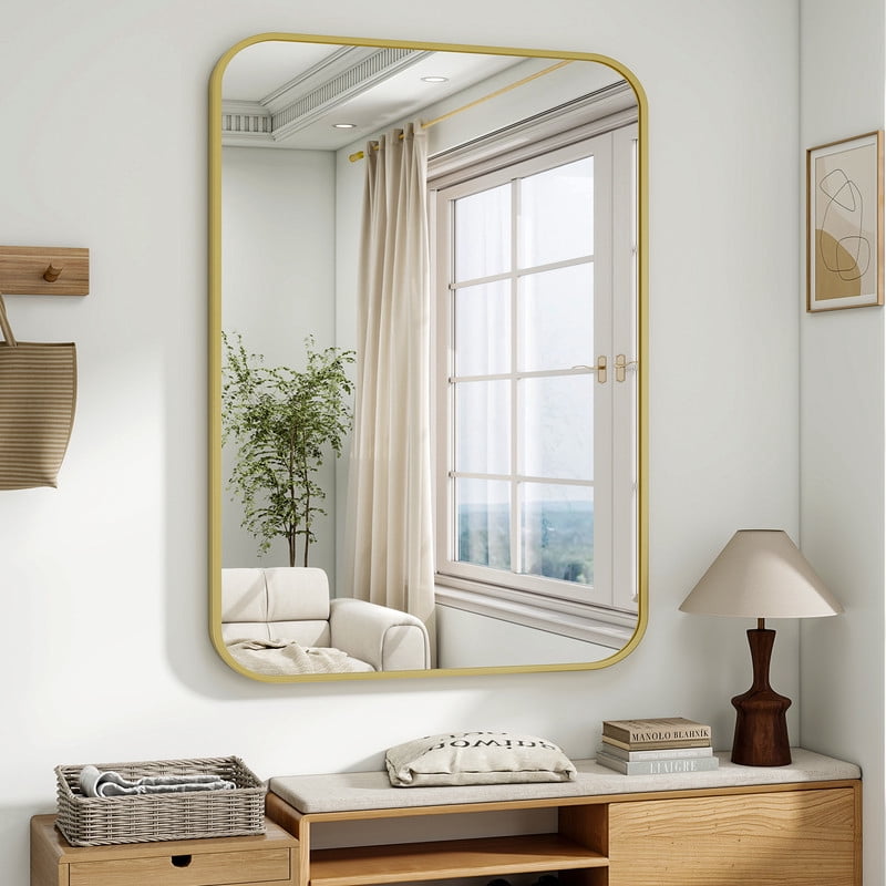 Easy4Home 40"x30" Rectangular Bathroom Mirror Hanging Rounded Corners Vanity Mirror Wall Mounted, Gold