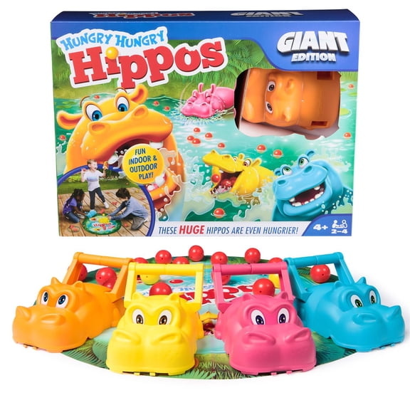 Spin Master Games Hungry Hungry Hippos Giant Edition Family Board Game with Oversized Vinyl Play Mat, 4 Hippos, Indoor and Outdoor Fun for Ages 4 