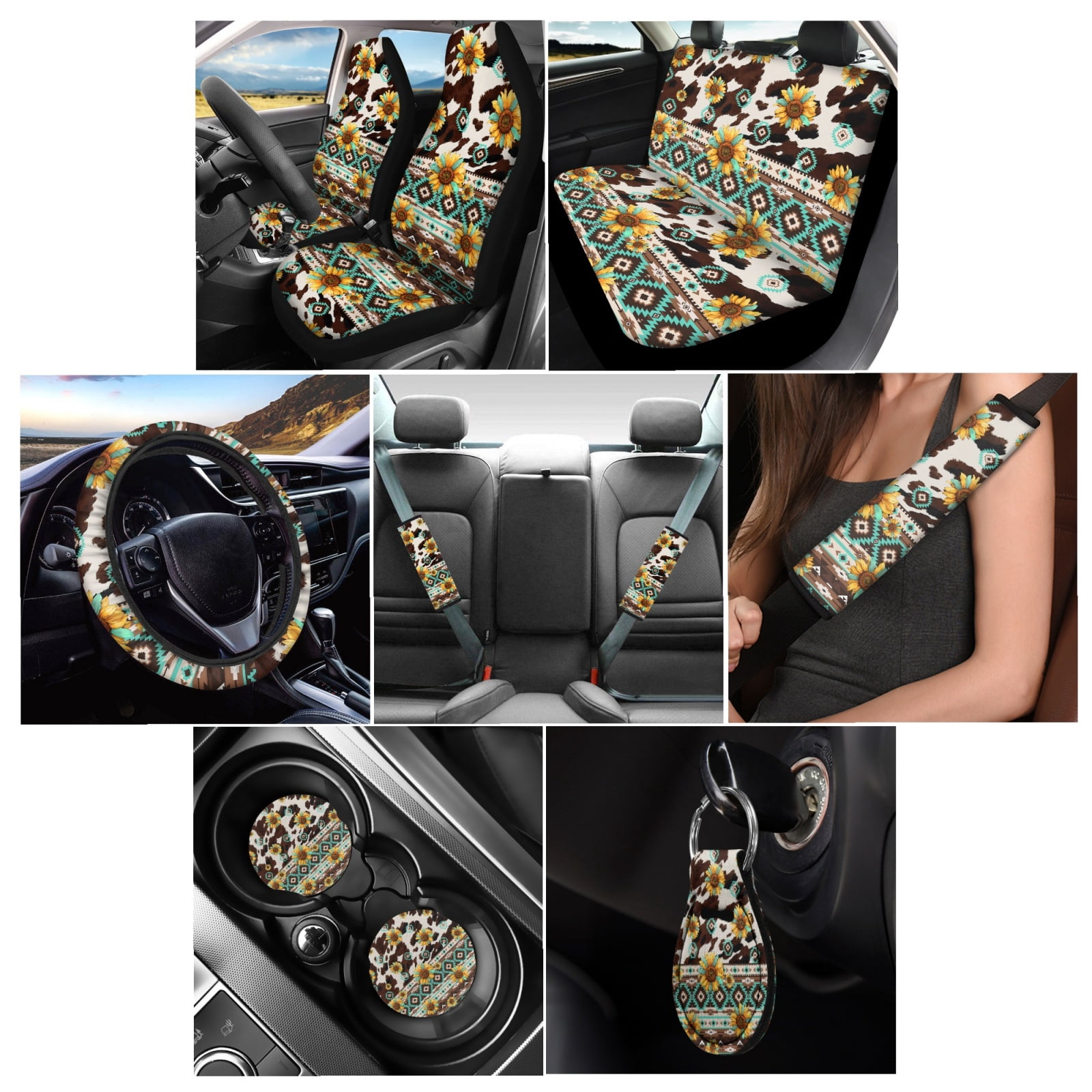 Renewold American Tribal Sunflower Brown Cow Print Car Seat Covers Full Set, Auto Seat Covers with Steering Wheel Covers, Seat Belt Pad, Coaster, Keychains Car Interior Accessories for Men Women