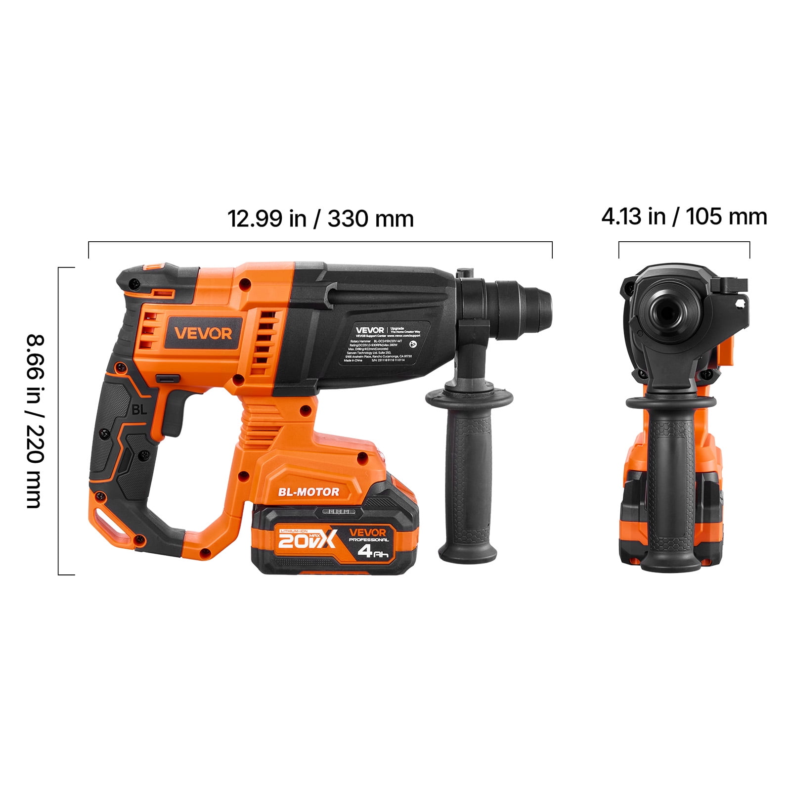 VEVOR Rotary Hammer Drill, 7/8 in SDS-Plus Cordless, 20V Battery Powered Rotary Hammer, Brushless, Including Battery, Charger, 3 Drill Bits, Flat Chisel, Pointed Chisel, Carrying Case, for Concrete