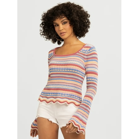 Jessica Simpson Women's Lilianna Cotton Pointelle Sweater with Long Sleeves, Lightweight, Sizes XS-X4