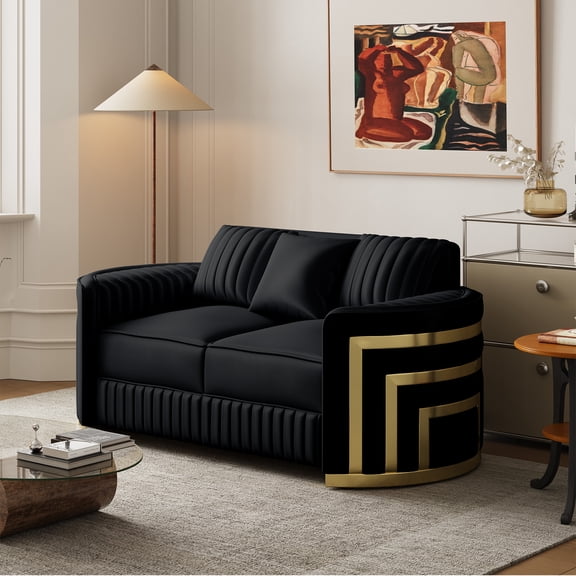 Wiilayok 65" Luxury Velvet Chesterfield Loveseat, Mid Century Modern 2 Seat with Thick Backrest, Gold Stainless Steel Trim, Crescent Moon Armrest, Black and Gold for Living Room