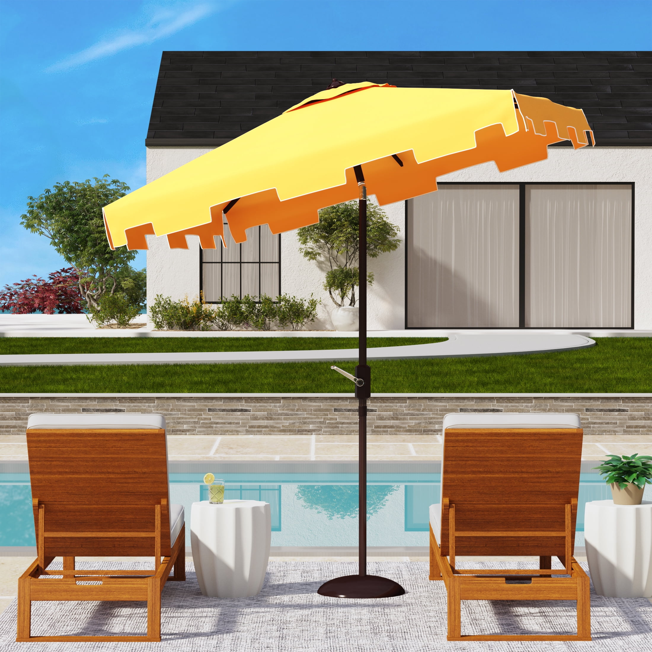 SAFAVIEH Zimmerman 7.5' Market Crank Square Patio Umbrella, Yellow/White