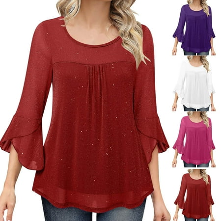 Jinhomg Womens Elegant Tunics Dressy Casual Solid Ruffle Hem Wedding Tops Lightweight Comfy 3/4 Sleeve Crew Neck Mesh Shirts Cocktail Party Blouses Summer Saving Red M