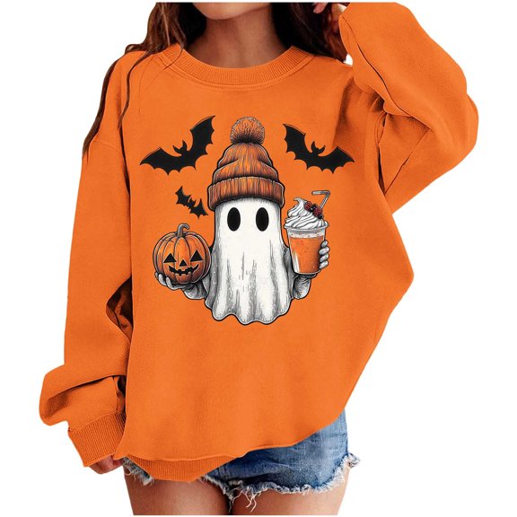 Ugoldhm Girls Halloween Floral Print Crew Neck Sweatshirt Long Sleeve Loose Fit Casual Pullover