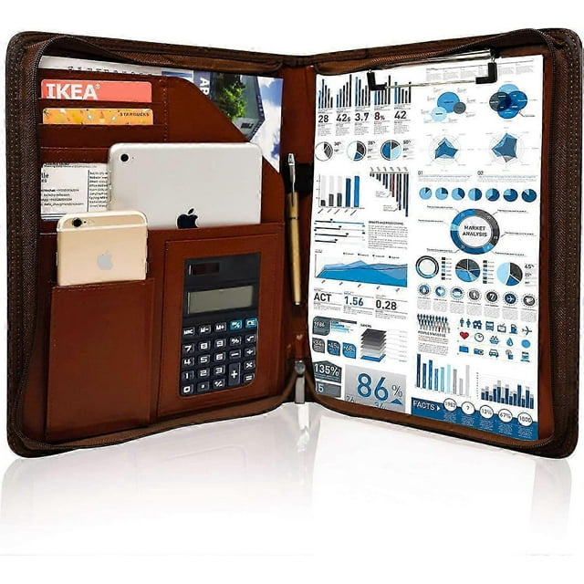 Business Zippered Portfolio Padfolio PU Leather Folder Interview Resume Legal Document Organizer with A4 Size Brown Clipboard