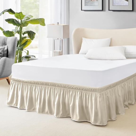 AUQ Full Bed Skirt Elastic Wrap Around Bedskirt 15 Inch Drop Tailored Dust Ruffle Easy Fit Hotel Quality for Full Size Bed Cream