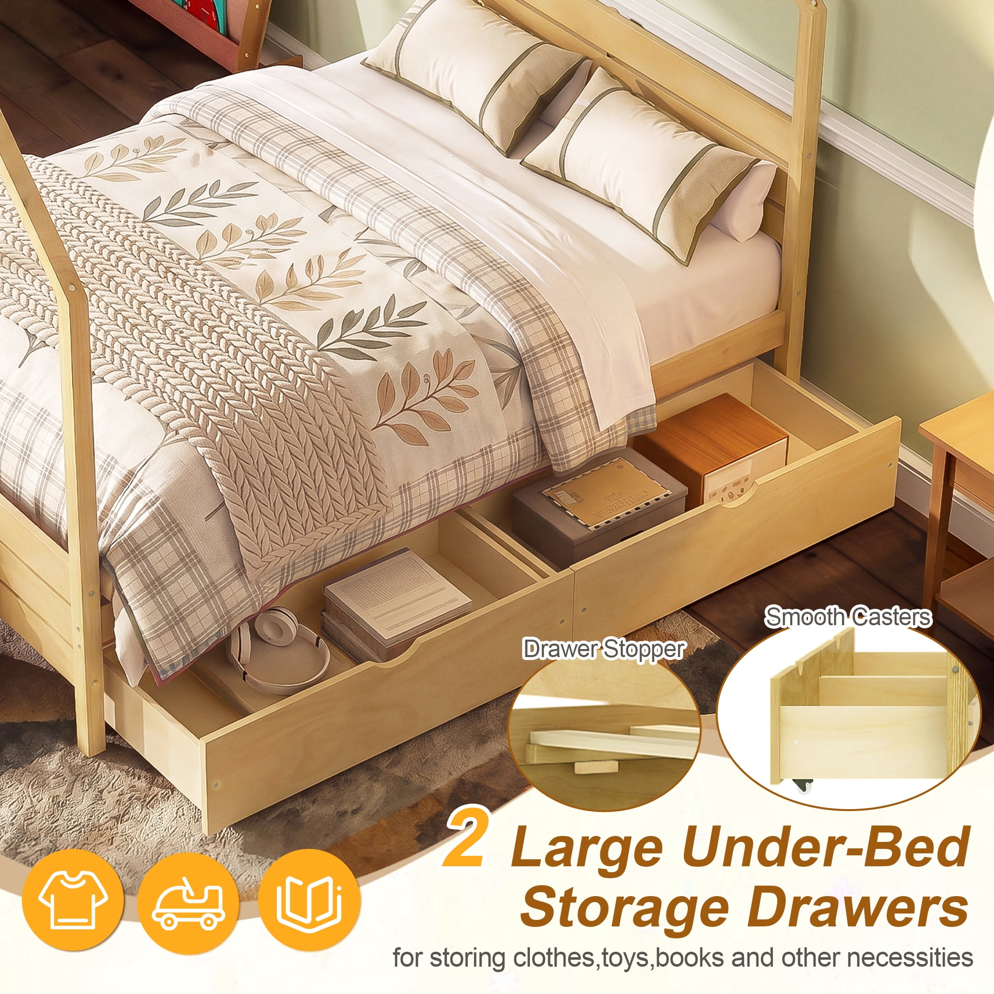 Mintazer Full Kids House Canopy Platform Bed with 2 Storage Drawers, Montessori Bed with Headboard for Bedroom, Natural