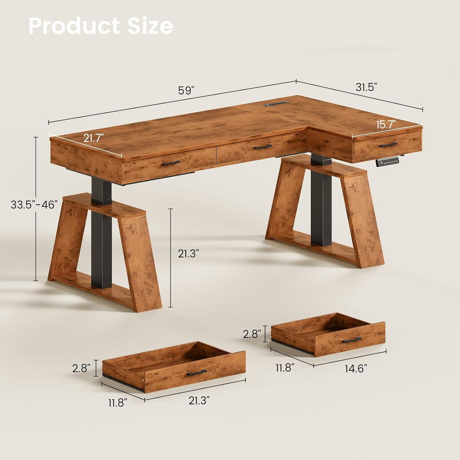 Modern Standing Desk with Drawers, Height Adjustable Computer Desk with Power Outlets, LED Lights & Monitor Stand, Stand Up Corner Gaming Desk, Home Office Desk with Storage, Rustic Brown