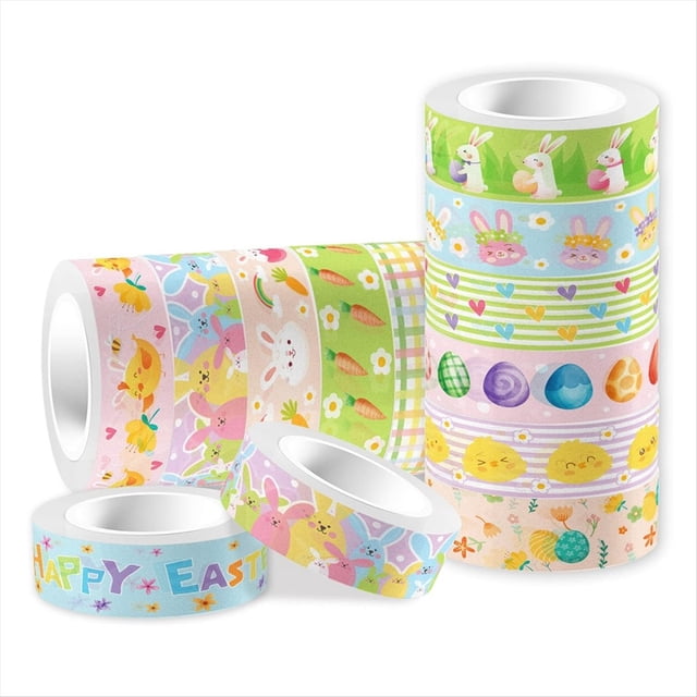 Juego de 12 Cintas Washi Pascua con Diseño Conejito Pascua, Pollito y Gnomo, Cinta Decorativa Temática Pascua.