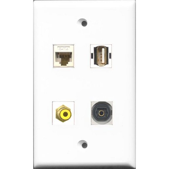RiteAV 1 Port RCA Yellow and 1 Port USB A-A and 1 Port Toslink and 1 Port Cat6 Ethernet White Wall Plate