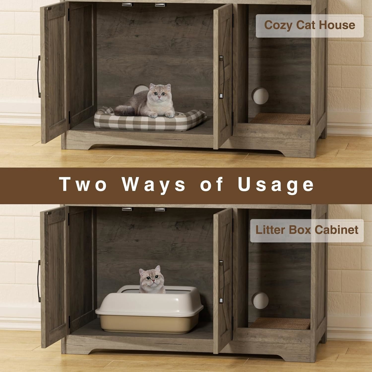 VEANERWOOD Cat Litter Box Enclosure with Cat Scratch Pad,Hidden Cat Washroom Furniture with Entry Open Compartment,Gray