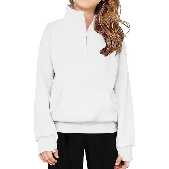 jobturf Girls Sweatshirt Fleece Quarter Zip Stand Neck Long Sleeve Pullover Tops with Pockets Fall Winter Fleece Hoodies with Thumb Hole 5-14 Years
