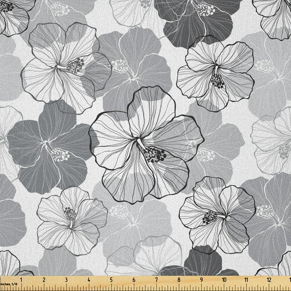 Ambesonne Floral Fabric by the Yard Microfiber, Vintage Hibiscus Flowers, 3 Yards, Purpleblue Pale Taupe