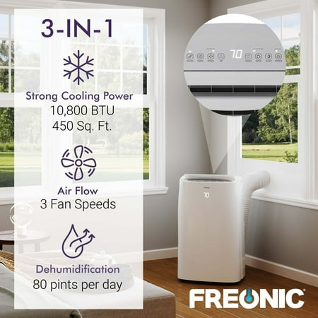 Freonic - 10,000 BTU Portable Air Conditioner | AC for Rooms up to 450 Sq.Ft. | LED Display | Sleep Mode | Dehumidifier - White