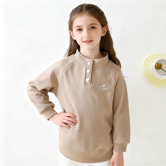 Girls Button Up Sweatshirt Kids Casual Crew Neck Sweatshirt Girl Long Sleeve Shirts Tunic Tops 1-16 Years Coffee 7-8 Years