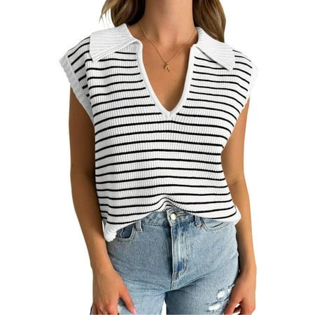 MKLEKYY Robe Pull Noire pour Femmes Pulls d'Été pour Femmes Col en V Manches Courtes Hauts Sans Manches Vêtements de Printemps