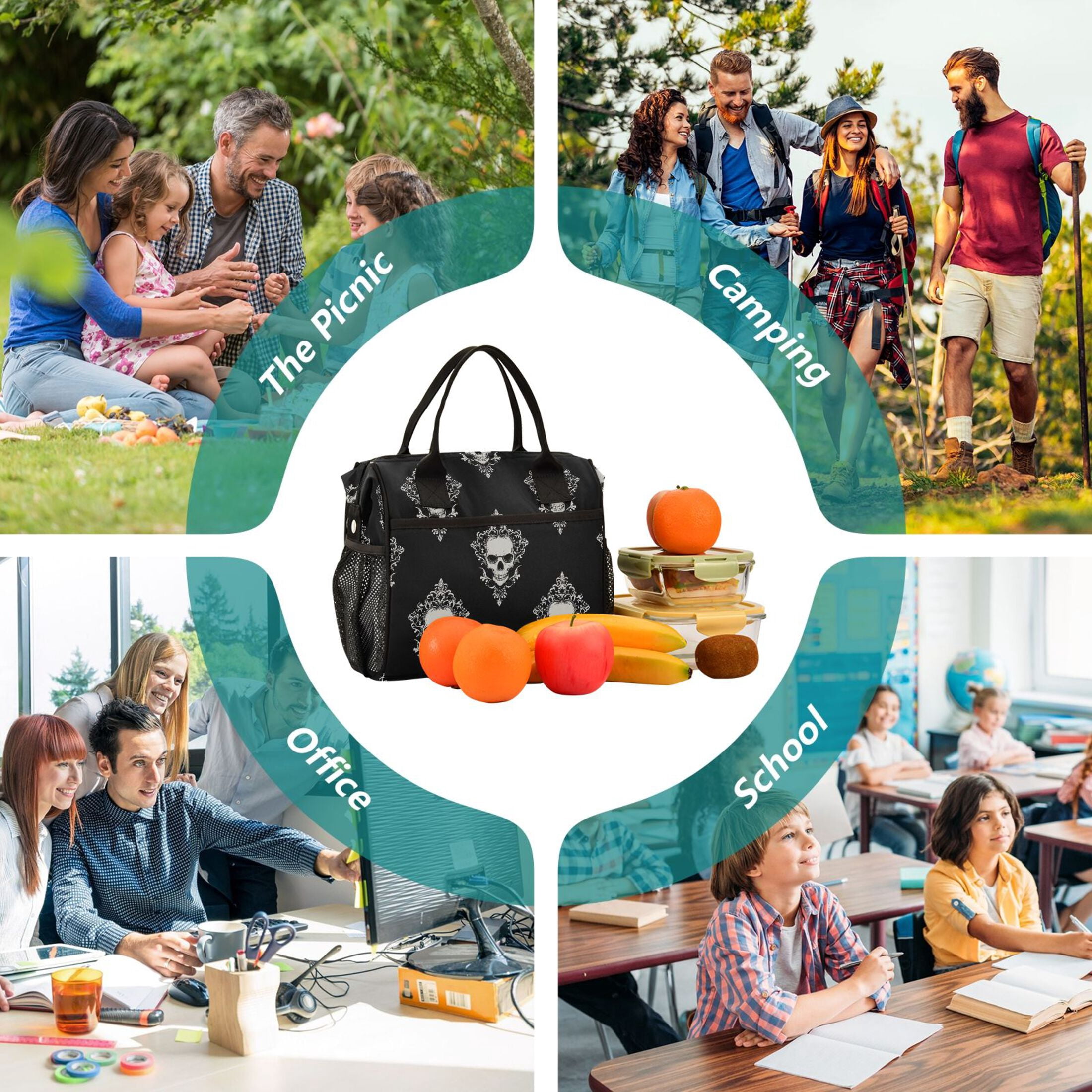 Lunch Bag Insulated Lunch Box Leakproof Reusable Cooler Tote Adjustable Shoulder Strap for Men Women Cool Skulls Filigree 12L