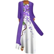 Womens Summer Dresses Flowy Elegant Floral Print Plus Size Sleeveless Maxi Dress and Chiffon Coverups Two-Piece Set