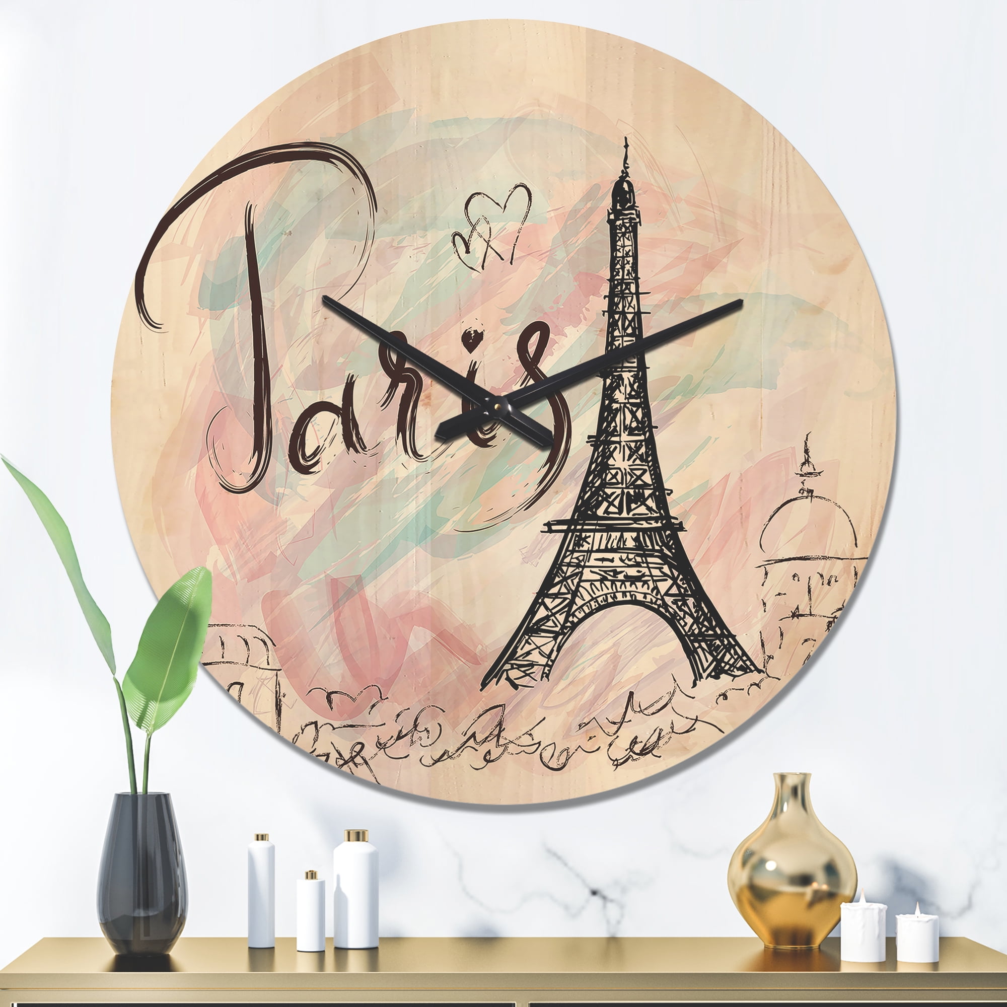 Designart 'Paris Eiffel Tower With Illustration II' Modern Wood Wall Clock