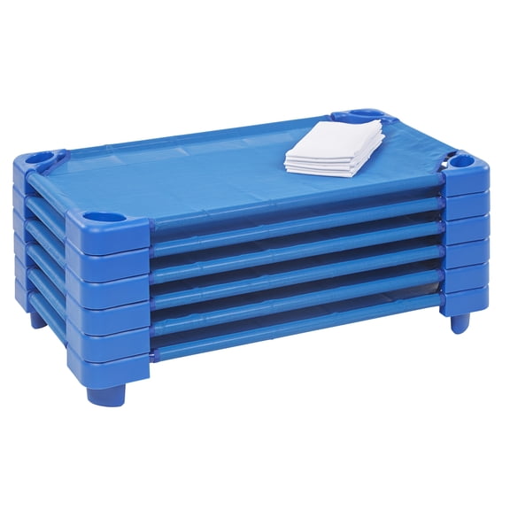 ECR4Kids Stackable Kiddie Cot with Sheet, RTA, Toddler Size, Daycare Essentials, Blue, 6-Pack