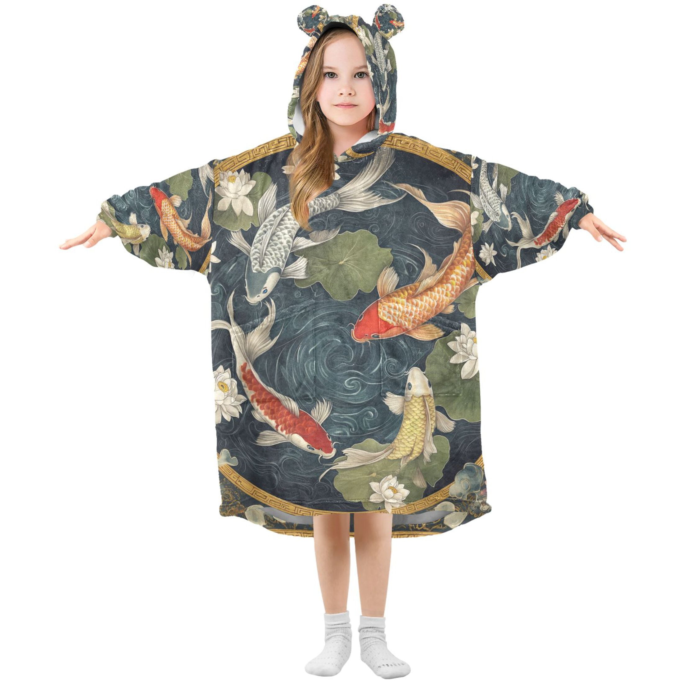 YAZAOO Kids Wearable Blanket Hoodie Warm and Cozy Koi Elegance Flannel Sweatshirt