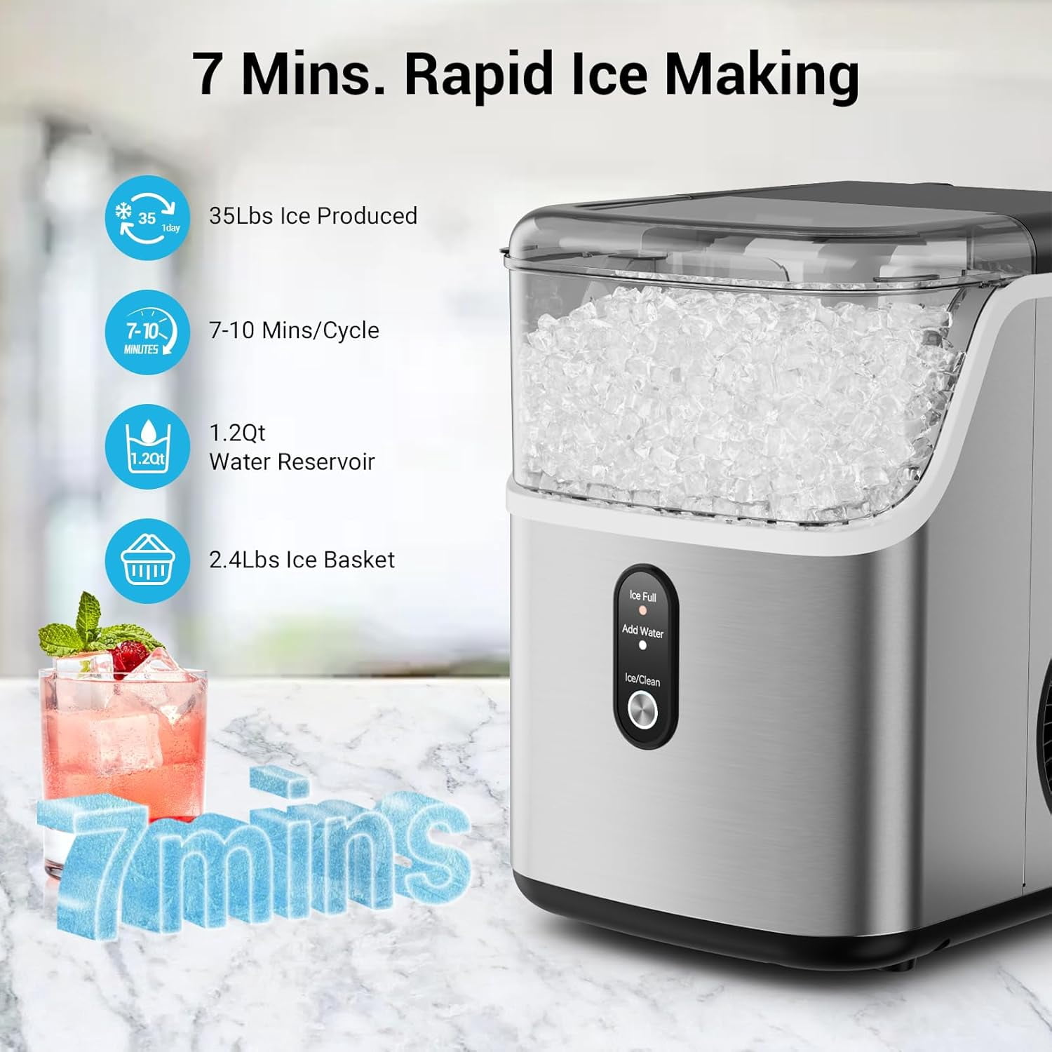 XUTUMM Nugget Ice Maker Machine, 35lbs Daily, Self-Cleaning, One-Touch, Home/Kitchen