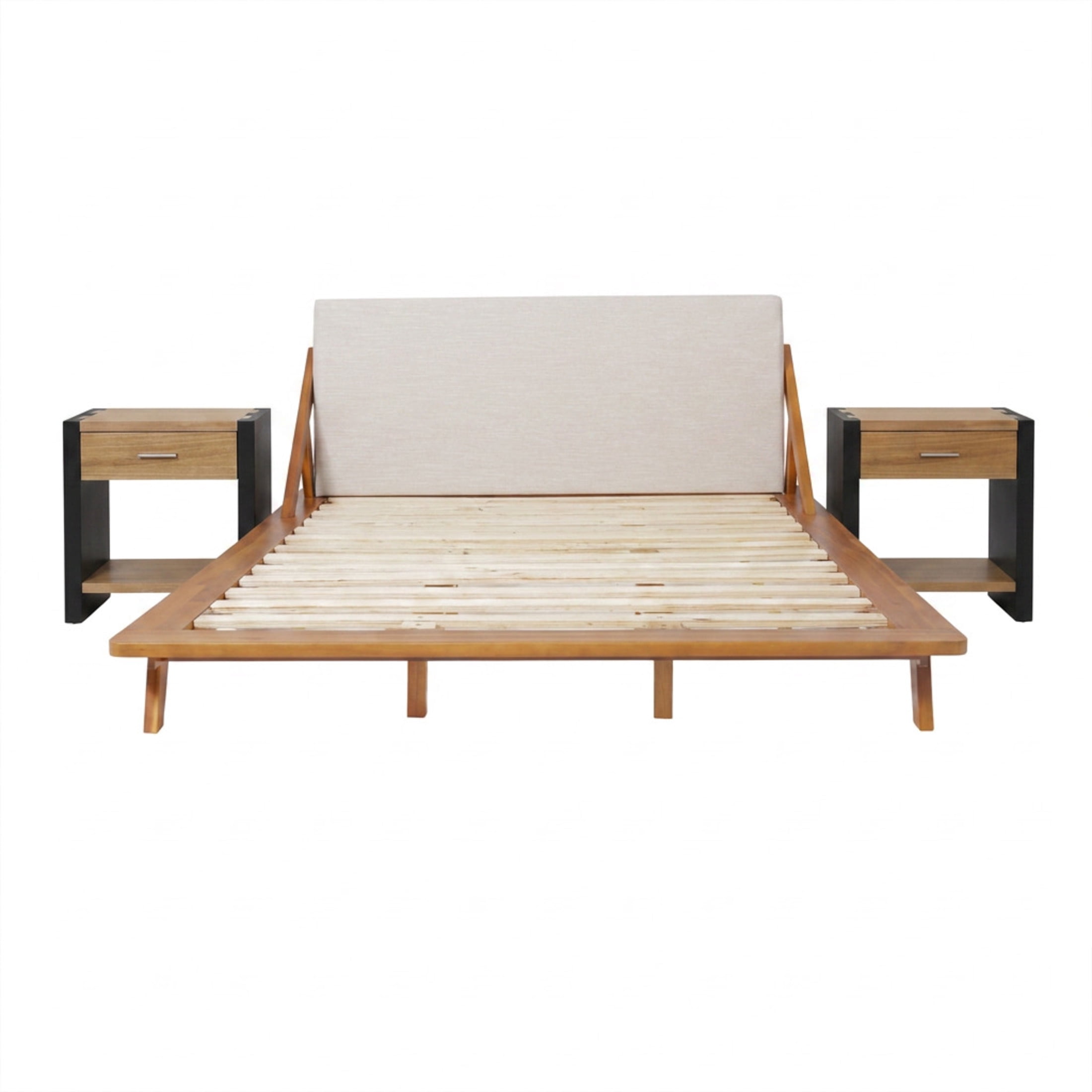 Christopher Knight Home King Upholstered Solid Wood Bed Frame with 2 Nightstands Set, Natural+Black