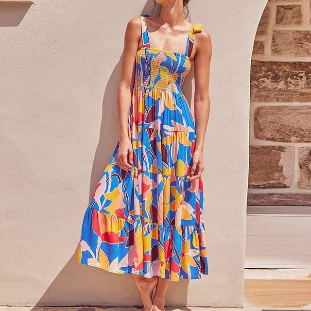 SMihono Robe Maxi Bohème d'Été pour Femmes Grande Taille Robe Sexy à Fleurs et Pois Sans Manches Col Carré Robe Longue Florale Robe de Plage