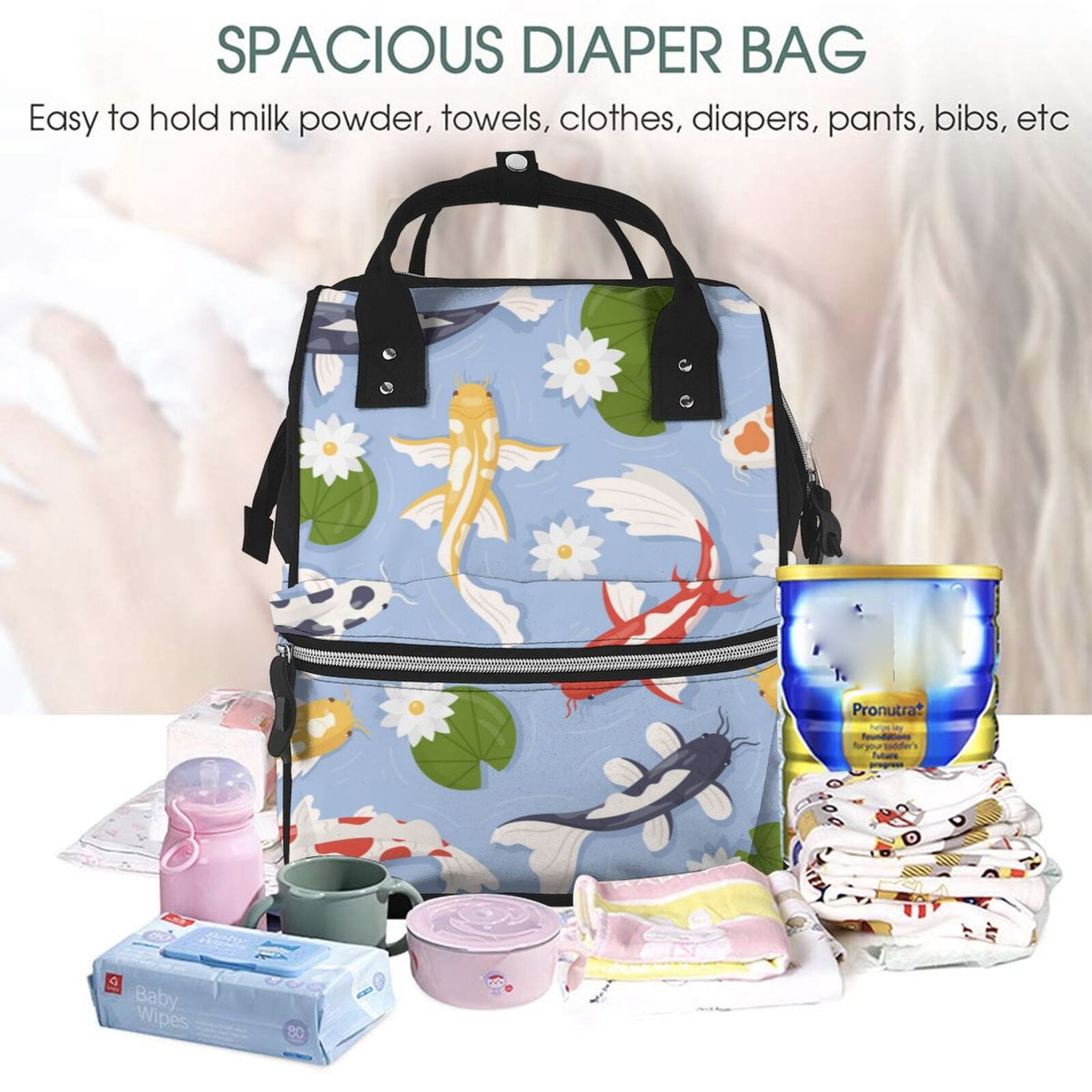 Ratiio Colorful Koi Fish Mummy Backpack - Waterproof Twill Canvas, Large Capacity Diaper Bag with Multiple Pockets and Adjustable Straps