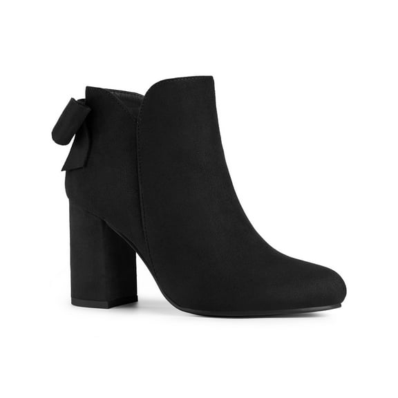 BLISSFUL STEP Women's Boots Faux Suede Bow Decor Chunky High Heel Round Toe Side Zipper Booties Black 7.5