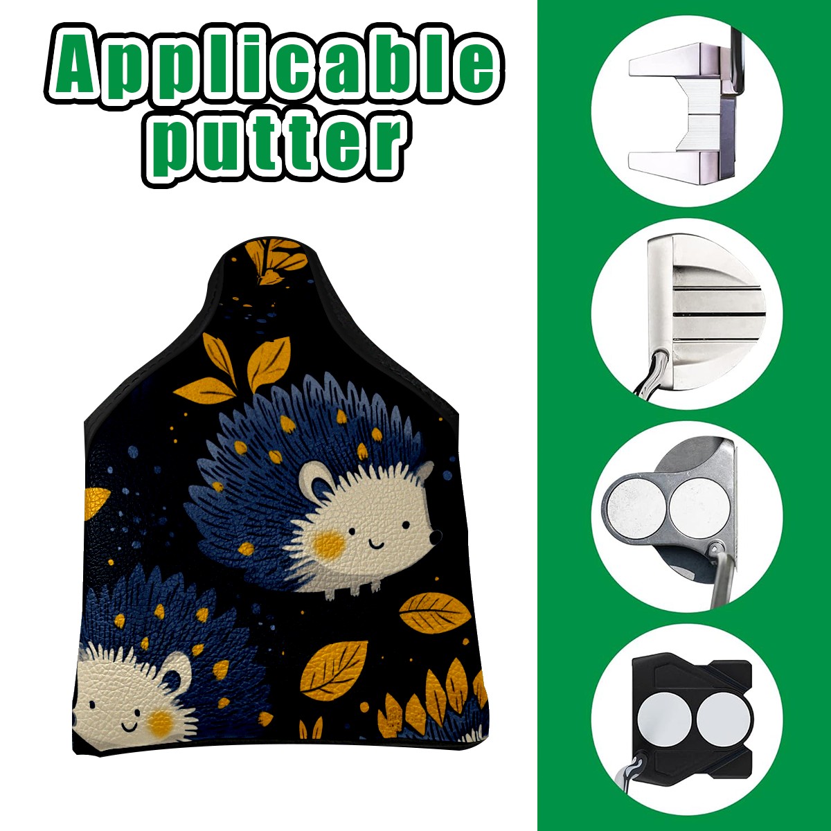 Golf Mallet Putter Cover Premium Leather Waterproof Golf Putter Head Cover with Magnetic Closure Cartoon Hedgehog