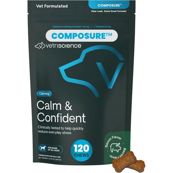 VetriScience Composure Calm & Confident Clinically Tested Bacon Flavored Chews, Calming & Anxiety Supplement for Dogs, 120 count