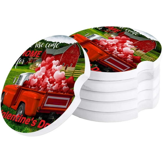 ZHANZZK Valentines Day Retro Truck Love Heart and Barn Set of 4 Car Coaster for Drinks, Absorbent Ceramic Stone Coasters Cup Mat with Cork Base for Home Kitchen Room Coffee Table Bar Decor