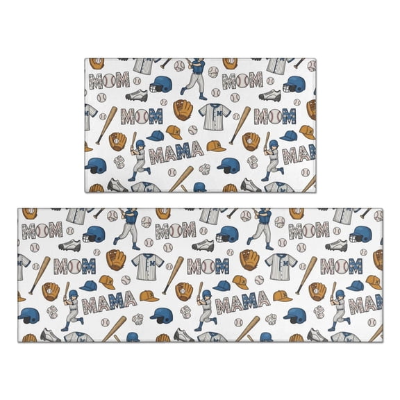 Baseballs and Mom Letters White Anti Fatigue Kitchen Rugs Set Of 2, Non Slip Washable Decorative Floor Mats for Kitchen Sink Laundry, 17"x30" and 17"x47"