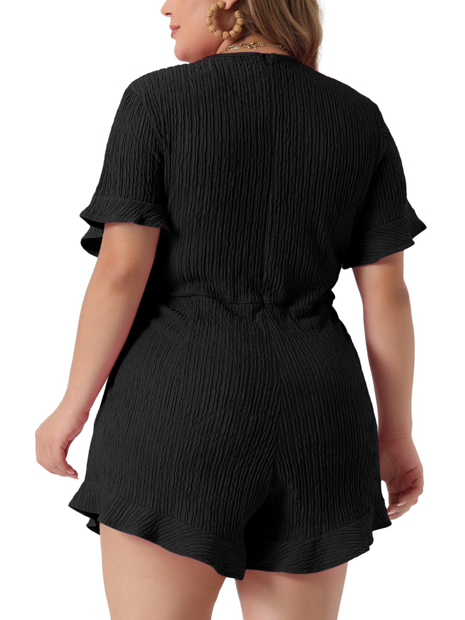 DARING DIVA Women's Plus Short Sleeve Ruffle Front Tie Short Jumpsuits 1X Black