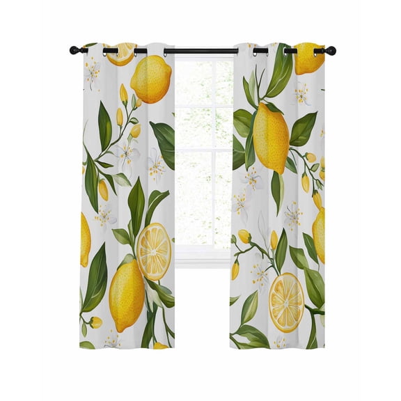 Yellow Lemon Blackout Curtains, Light Blocking Print Window Curtains, White Flowers Elegant Country Plants Thermal Insulated Window Drapes for Living Room Kitchen Cafe 2 Panels, 55"W x 39"L