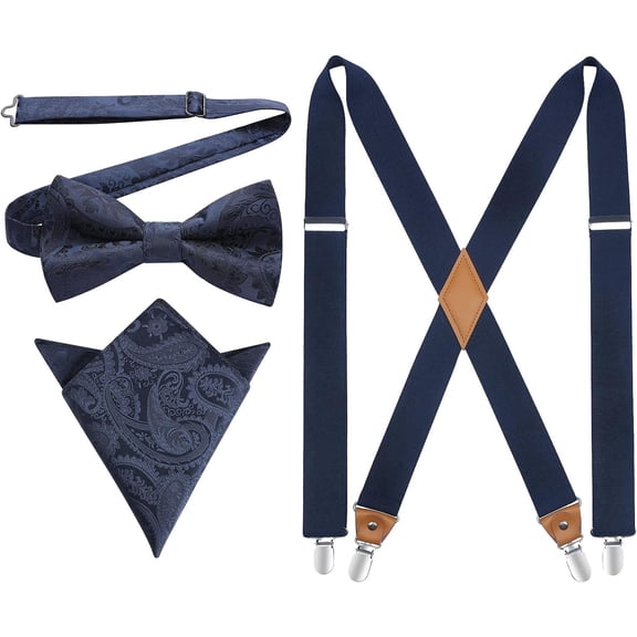 Mens Suspenders Strong Clips Heavy Duty X- Back Adjustable Suspenders Elastic Braces Pre-BowTie Set for Work Party