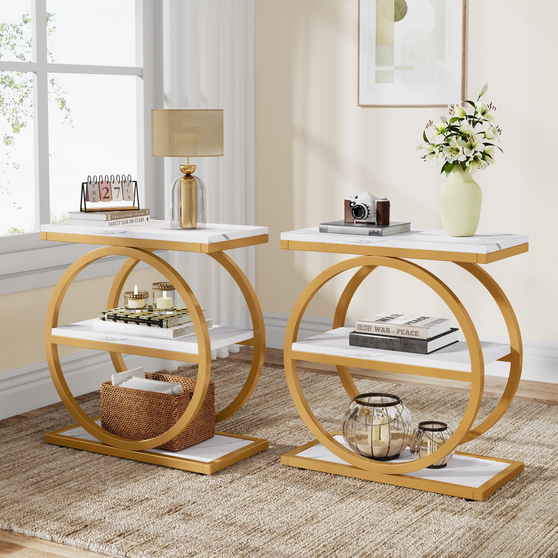 Tribesigns End Table, Wood Side Table with Black Metal Frames, Narrow End Table with 3 Storage Shelves for Living Room