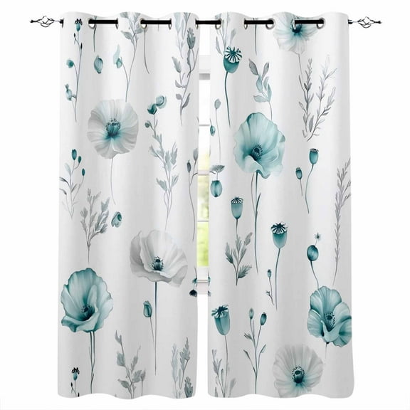 Fsddascl Turquoise Flowers Blackout Curtains for Bedroom/Living Room, Thermal Insulated Kitchen Curtains, Farmhouse Spring Botanical Floral Grommet Darkening Window Treatment Drapes 52"x84"x2
