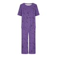 thumbnail image 4 of Économies d'Été Liquidation Iumwxz Pyjamas Décontractés Fluides Tenues Grande Taille Tenues d'Été Mode Graphique Col Rond Manches Courtes Taille Élastique Pantalons Raccourcis Ensembles Assortis pour Fête Dames, 4 of 6