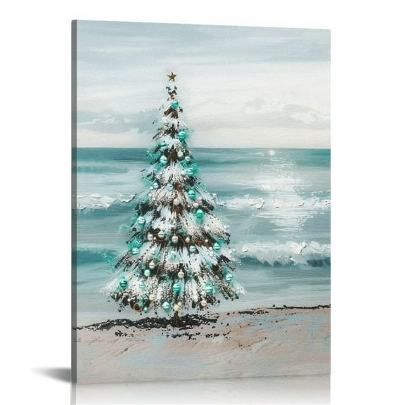 Fenyluxe Christmas Tree Beach Scene Canvas Wall Decor Art Modern Prints for Home Bathroom Office 12x16in