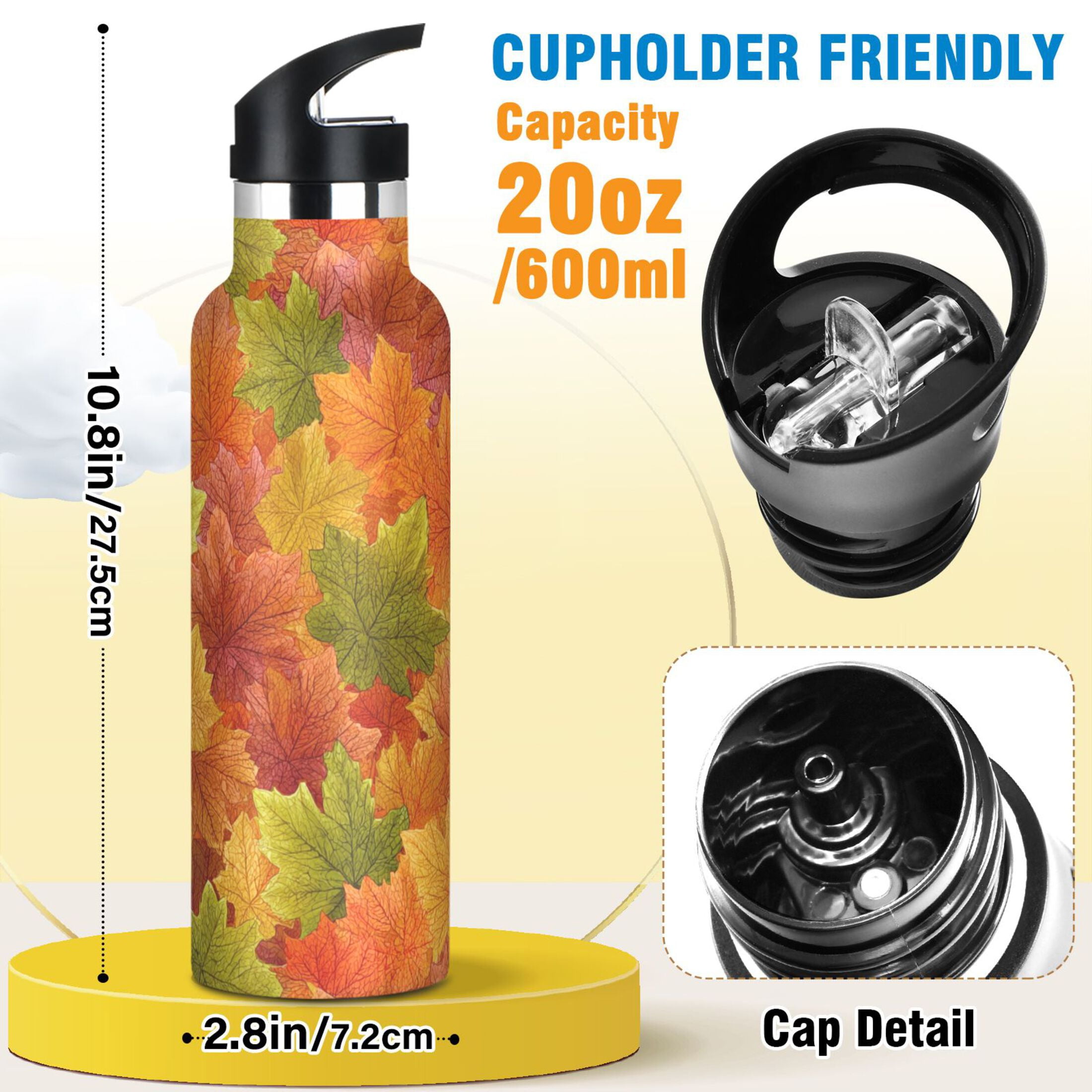 600ML Stainless Steel Insulated Cup Sports Water Bottle Portable Thermos Cup Water Glasses Insulated Tumblers Convenient and Durable Colorful Maple Leaves