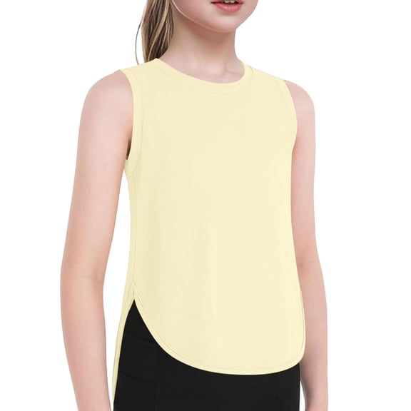 QUOTAY Girls T Shirts Summer Sleeveless Curved Round Neck Solid Color Athletic Casual Comfortable Everyday Wear for Summer Tops Light Yellow,120